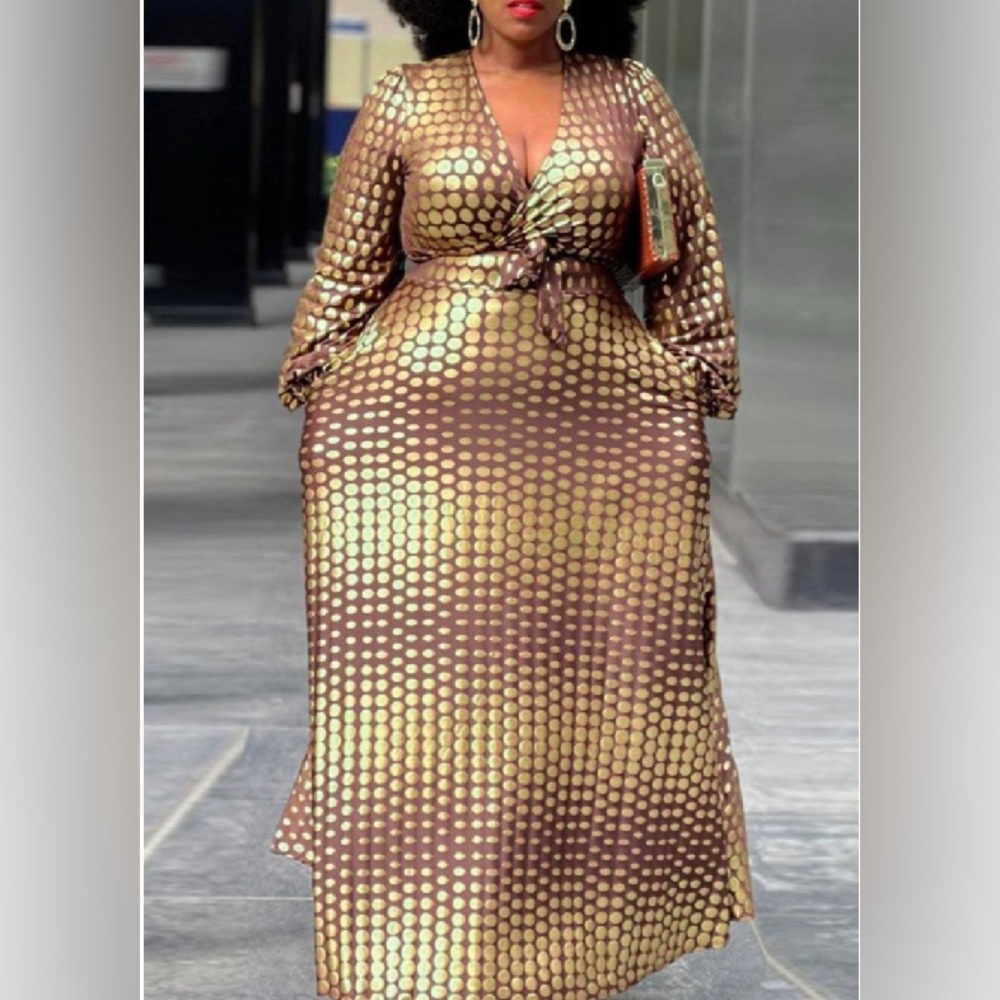 1X-5X Elle Brown & Gold Polka Dot Maxi Dress with Belt